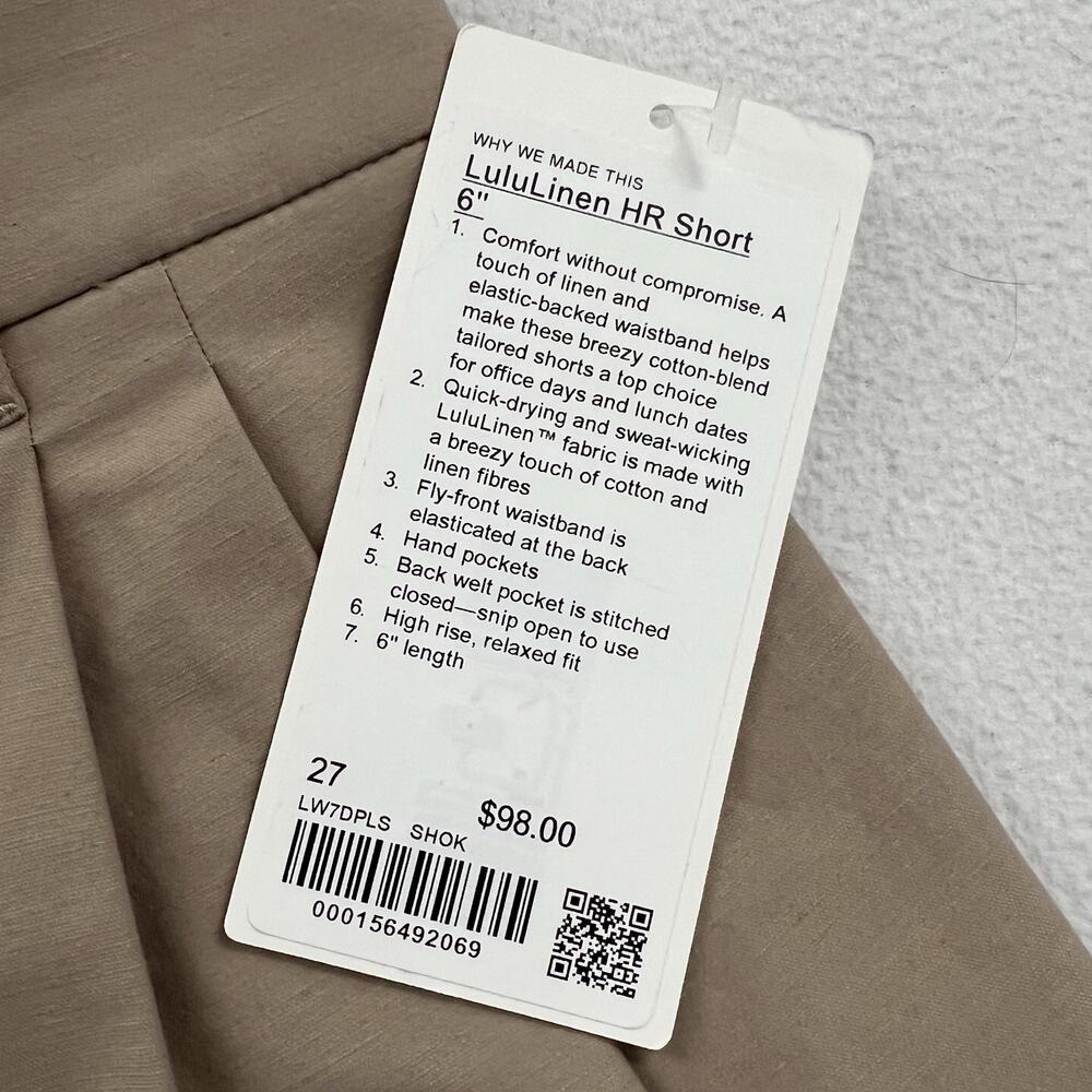 NWT Lululemon LuluLinen High-Rise Pleated Short 6" Sheer Oak Tan Linen Blend 27 - Picture 3 of 13